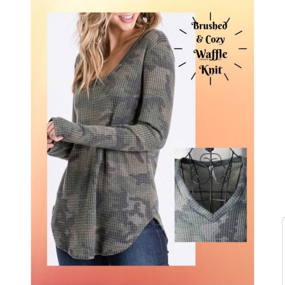 Vivs Boutique Tops - Camo Brushed Waffle Knit Tunic Top V-Neck
